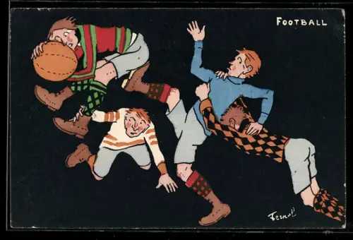 Künstler-AK sign. Fernel: Männer beim Fussballspiel