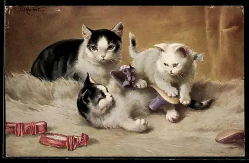 Künstler-AK Carl Reichert: Katzenkinder spielen mit Damenschuh