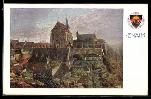 Künstler-AK Znaim, Ortsansicht mit Kirche auf einer Erhöhung, Deutscher Schulverein