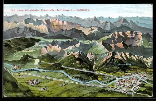 Künstler-AK Eugen Felle: Innsbruck, Zeppelin über der Stadt, Strecke der Alpenbahn nach Garmisch