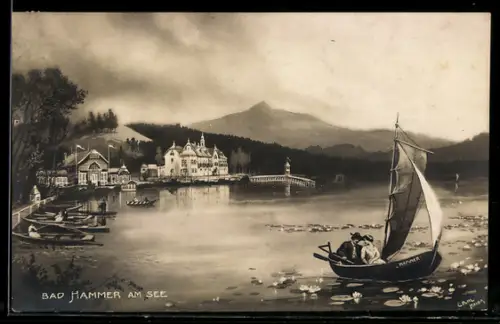 AK Bad Hammer am See, Blick auf den See zum Schloss mit Segelboot