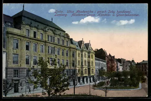 AK Lwów / Lemberg, Akademie-Gasse, Handels- und Gewerbekammer