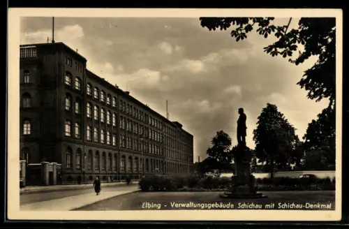 AK Elbing / Elblag, Verwaltungsgebäude mit Schichau-Denkmal