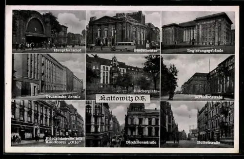 AK Kattowitz, Hauptbahnhof, Stadttheater, Bernhardstrasse & Friedrichstrasse mit Konditorei Otto