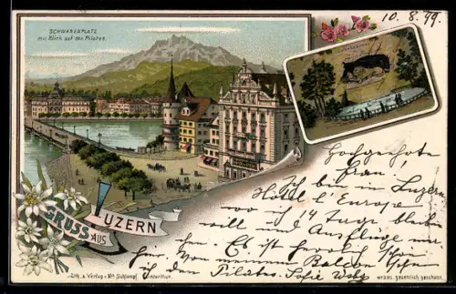 Lithographie Luzern, Hotel am Cyone am Schwanenplatz, Löwendenkmal