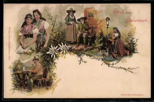 AK Frauen und Männer in Trachten aus der Steiermark, Edelweiss, Gebet am Bildstock