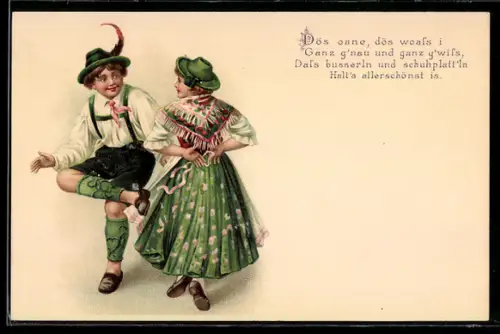 Lithographie Schuhplattler und Dirndl beim Tanz