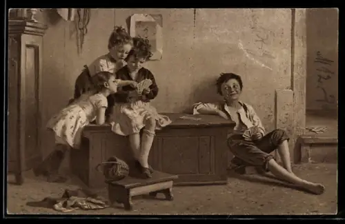 Künstler-AK Mizi Wunsch: Vier Kinder spielen Karten