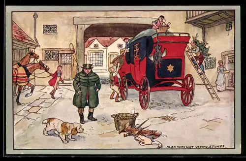 Künstler-AK Postkutsche wird mit mit erjagtem Wild beladen