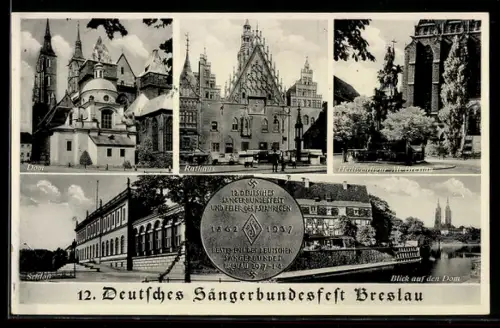 AK Breslau, 12. Deutsches Sängerbundesfest 1937, Rathaus, Dom, Schloss