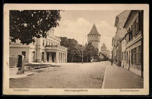 AK Hermannstadt / Sibiu / Nagyszeben, Stadttheater, Befestigungstürme, Harteneckgasse