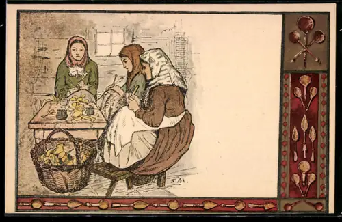 Künstler-AK Löffelschnitzerinnen bei der Arbeit, Löffel