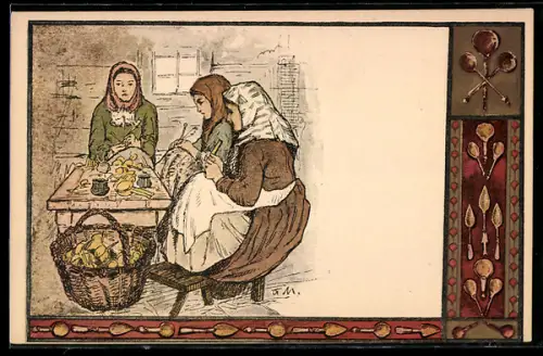 Künstler-AK Löffelschnitzerinnen bei der Arbeit, Löffel