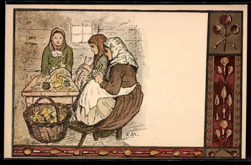 Künstler-AK Löffelschnitzerinnen bei der Heimarbeit, Löffel