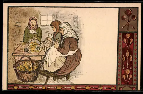 Künstler-AK Löffelschnitzerinnen bei der Arbeit, Löffel