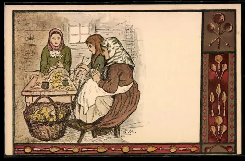 Künstler-AK Löffelschnitzerinnen bei der Arbeit, Löffel