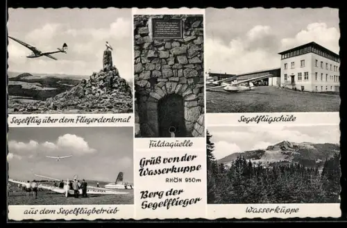 AK Gersfeld, Segelflugzeug über dem Fliegerdenkmal, Segelflugschule