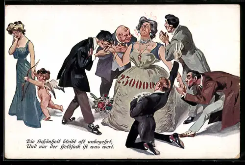 AK Reiche ältere Dame lässt sich von Männer umgarnen, Amor und Venus blicken weg