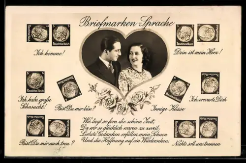 AK Briefmarkensprache, Herz, junges Liebespaar, Rosen