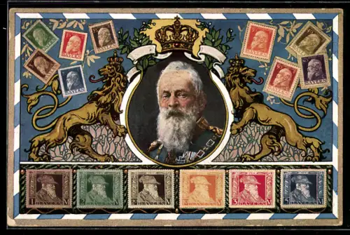AK Prinzregent Luitpold, Briefmarken, Krone