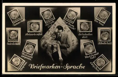 AK Briefmarkensprache, Mann umarmt seine Geliebte