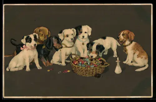 AK Dackel, Beagle und Terrier vor einem bunt gefüllten Korb