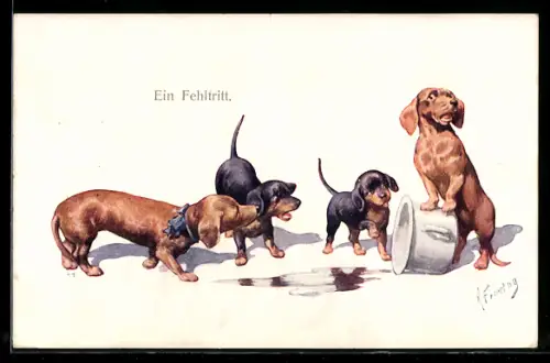 Künstler-AK Karl Feiertag: Ein Fehltritt, Dackel, Scherz