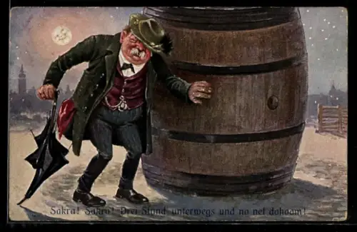 Künstler-AK betrunkener Mann stützt sich ans Bierfass