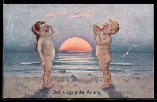 AK Der ungalante Adam und Eva am Strand