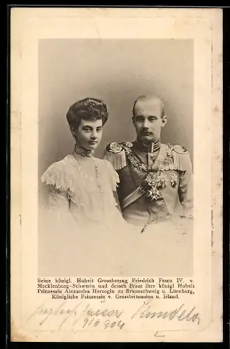 AK Grossherzog Friedrich Franz IV. von Mecklenburg-Schwerin und dessen Braut Prinzessin Alexandra