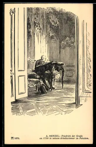 Künstler-AK Potsdam, Friedrich der Grosse ca. 1750 in seinem Arbeitszimmer