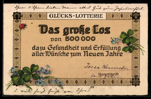 AK Glücks-Lotterie, Das Grosse Los von 500.000 mit Neujahrsgruss, Kleeblättern und Marienkäfern