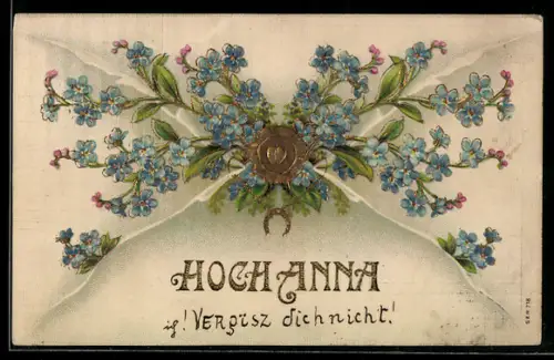 Präge-AK Hoch Anna, Briefumschlag mit Vergissmeinnicht und Siegel, Namenstag