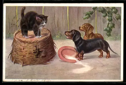 Künstler-AK Dackelwelpen haben die Milch des Katzenjungen umgeworfen