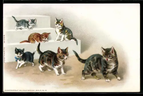 AK Kleine getigerte Katzen mit einer rotbraunen Katze auf einer Treppe um 1900