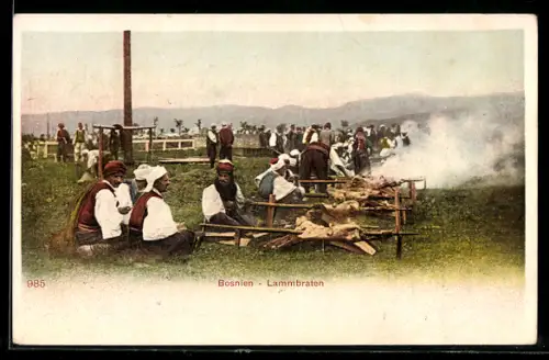 AK Bosnier in Tracht bereiten Lammbraten am Spiess zu