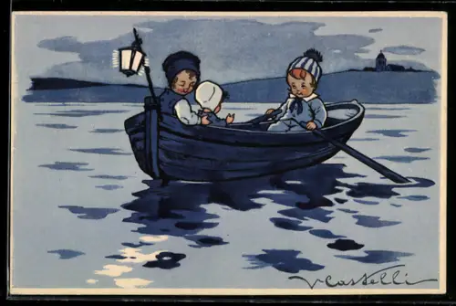 Künstler-AK Castelli: Kinder rudern nachts über den See