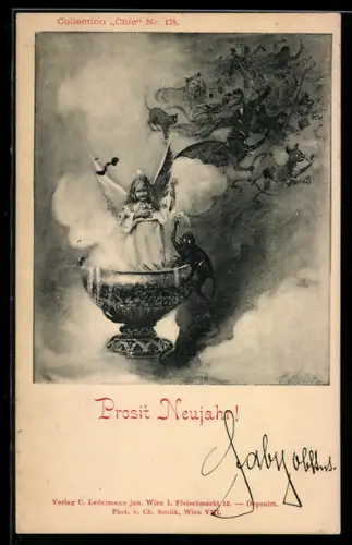 Künstler-AK Charles Scolik: Prosit Neujahr! Engel im Becher des Teufels