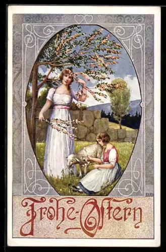 Künstler-AK Ezel: Zwei Fräuleins mit Lamm auf einer Wiese, Ostergruss