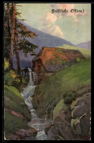 Künstler-AK Fritz Reiss: Herbst im Schwarzwald, Wassermühle