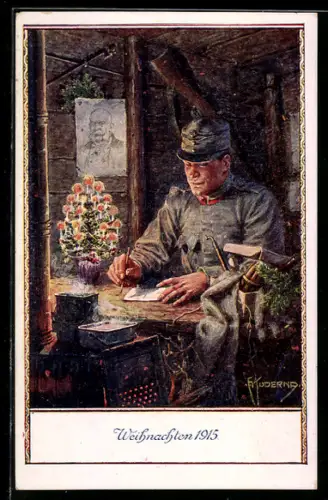 Künstler-AK Franz Kuderna: Weihachten 1915, Soldat im Unterstand