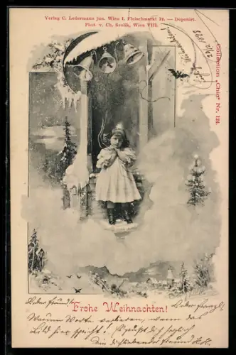 Künstler-AK Charles Scolik: Kleines Mädchen läutet die Glocken, Weihnachtsgruss