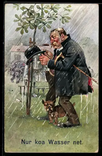 Künstler-AK Betrunkener schützt Bierkrug vor Regen Nur koa Wasser net, Trinkerhumor