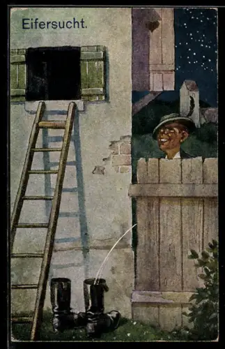 AK Eifersucht, Mann pinkelt in die Stiefel vorm Fenster