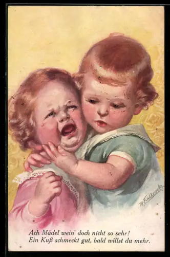 Künstler-AK Wally Fialkowska: Weinendes Geschwisterchen wird getröstet
