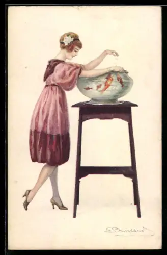 Künstler-AK Sergio Bompard: Frau füttert ihre Goldfische im Glas