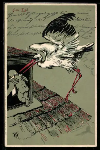 Künstler-AK Arthur Heyer: Am Ziel, Storch bringt das Kind