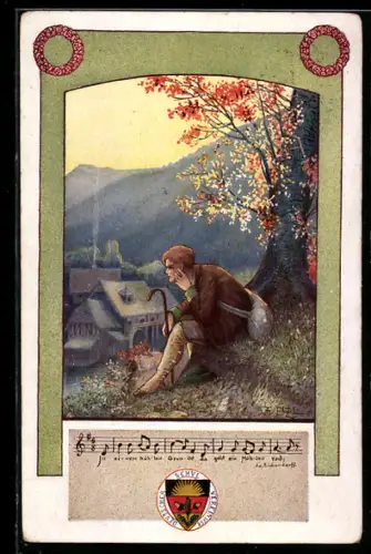 Künstler-AK T.Welzl: Junger Wanderer sitzt an einem Baum, Deutscher Schulverein