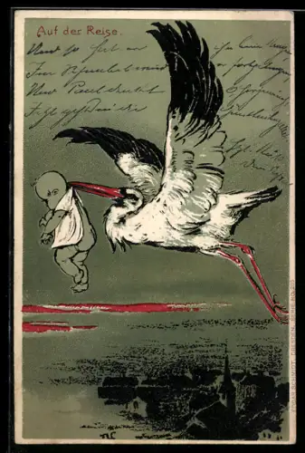 AK Klapperstorch mit Baby im Schnabel