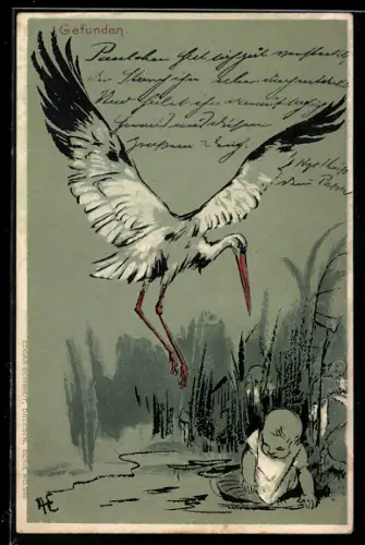 Künstler-AK Arthur Heyer: Storch spürt Kleinkind auf Seerosenblatt auf